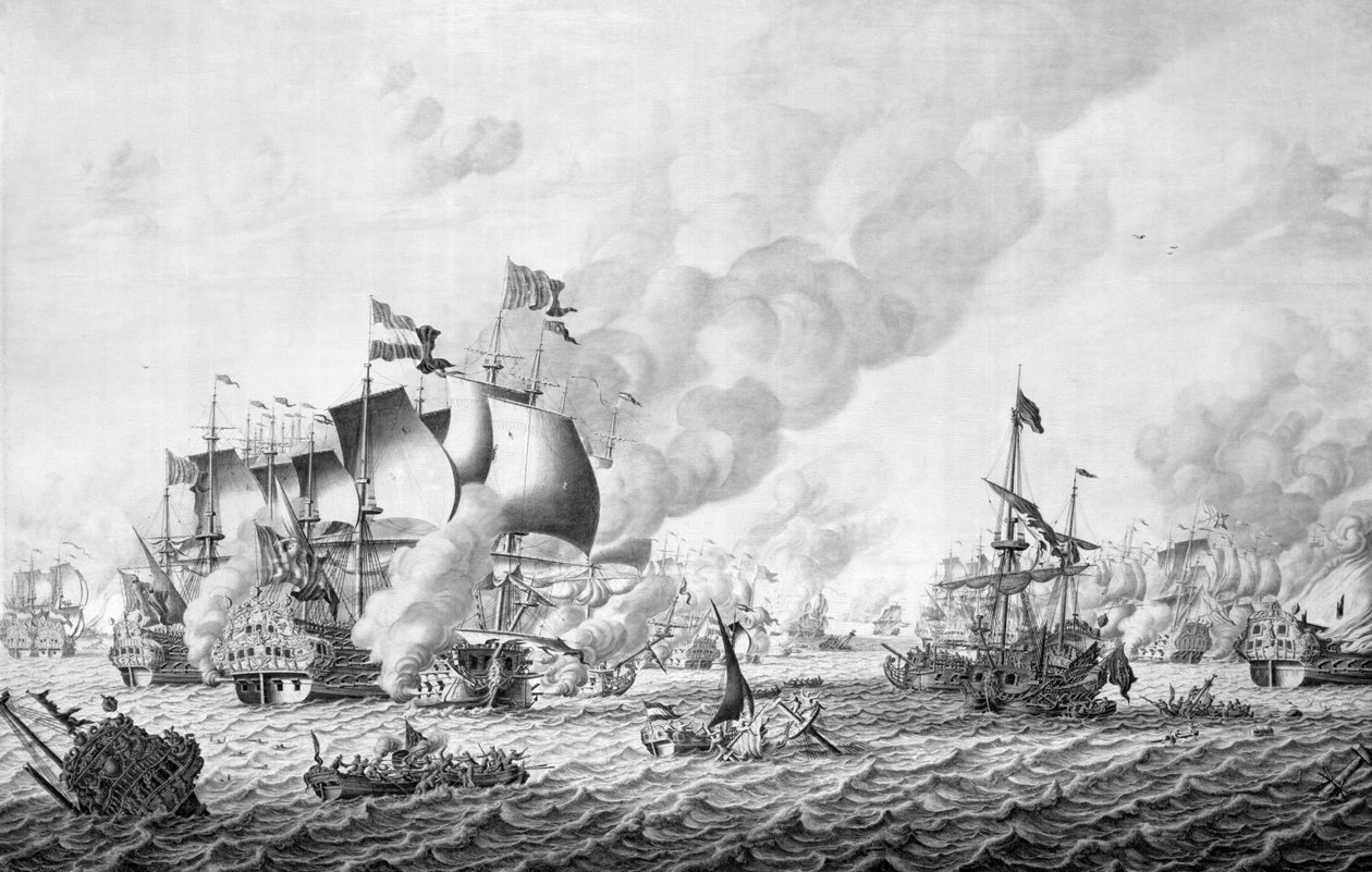 A Batalha de La Hogue (Barfleur), 19-24 de maio de 1692 (grisaille no painel) de Adriaen van Salm