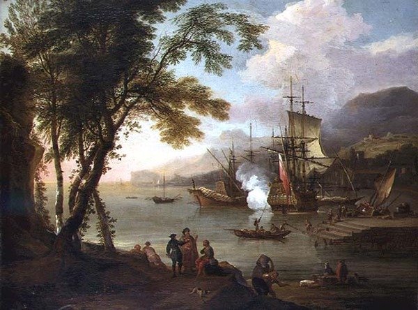 Um capriccio de um porto mediterrâneo com navios, mercadores e docas de Adriaen van Diest