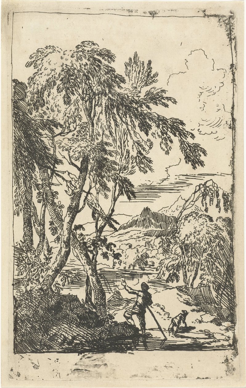 Paisagem montanhosa com árvores e homem com cachorro de Adriaen van Diest