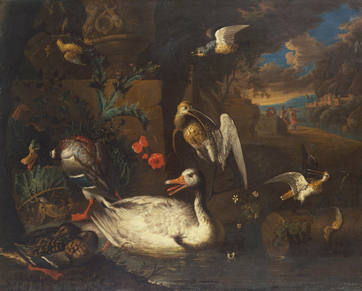 Wild Fowl in a Landscape and Figures (óleo sobre tela) de Adriaen van Oolen