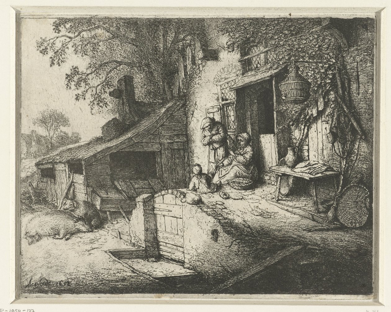Mulher girando na frente de uma casa A mulher girando na porta de Adriaen van Ostade (signed by artist)
