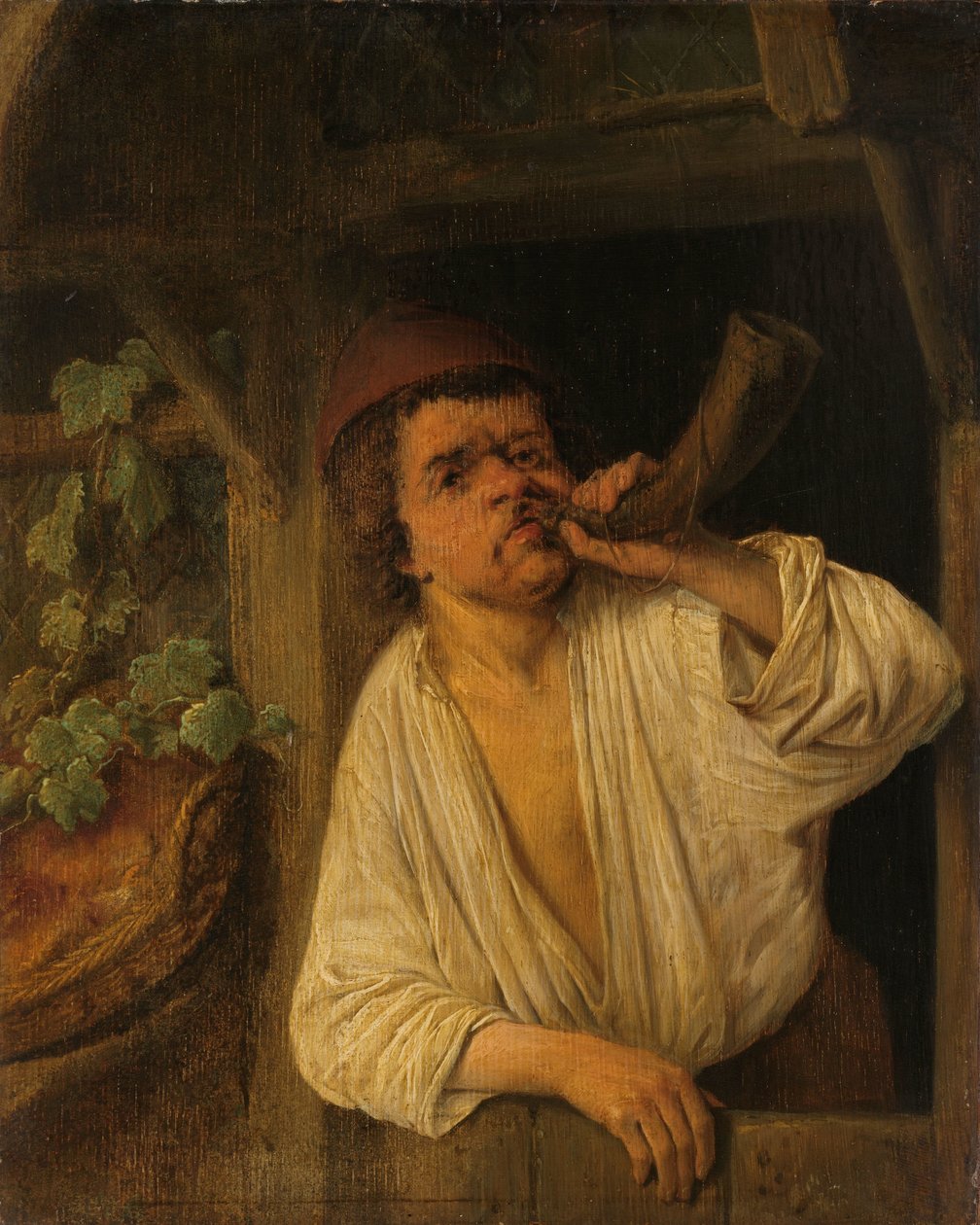 Um padeiro tocando sua trompa de Adriaen van Ostade