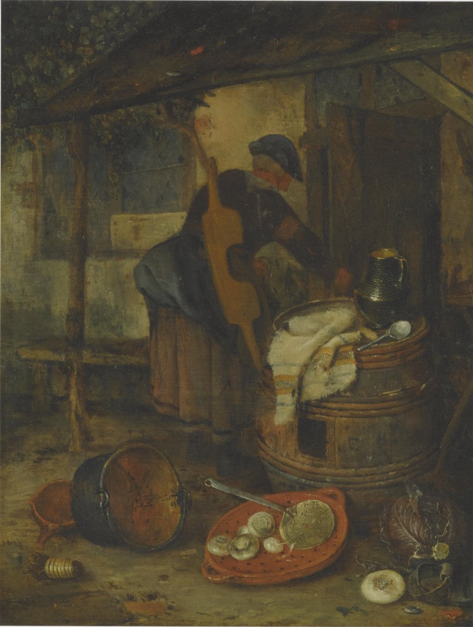 Uma criada perto de uma porta com um barril e vegetais de Adriaen Jansz. van Ostade