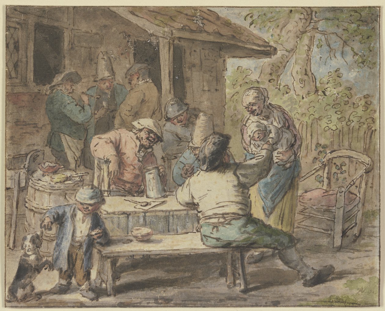 Camponeses com crianças diante de uma casa de Adriaen van Ostade