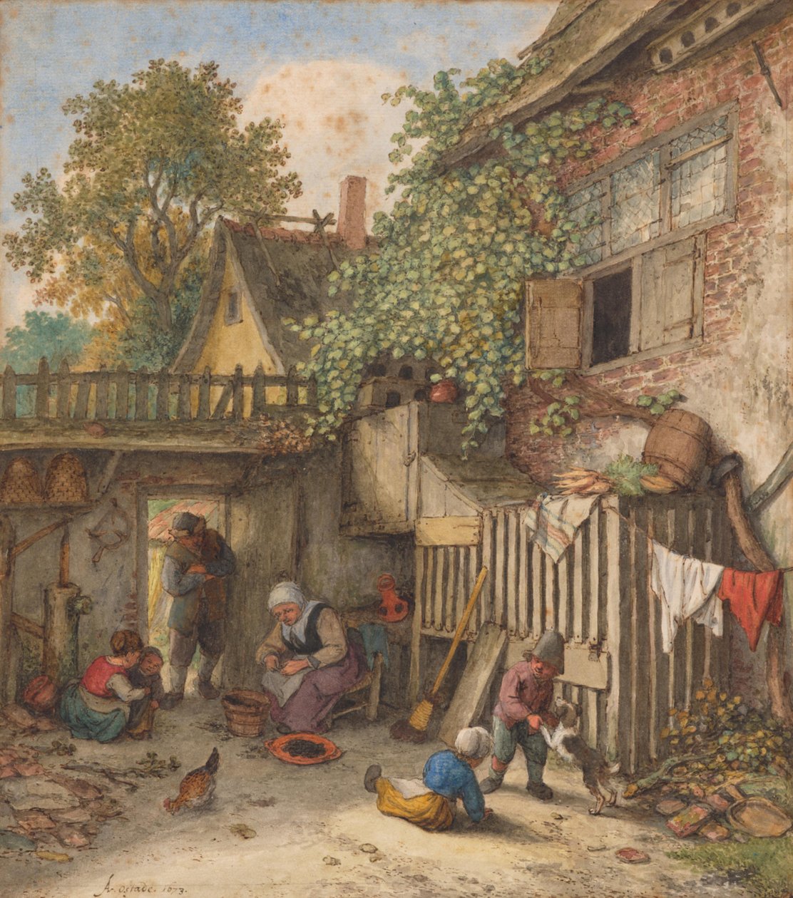 Pátio interior com uma mulher a limpar mexilhões de Adriaen van Ostade