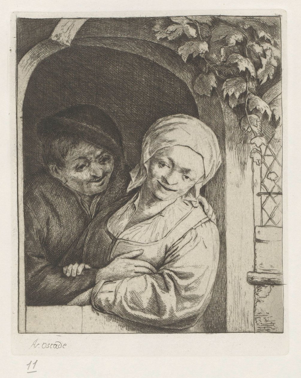 Agricultor e mulher do agricultor como casal de amor na porta de entrada de Adriaen van Ostade