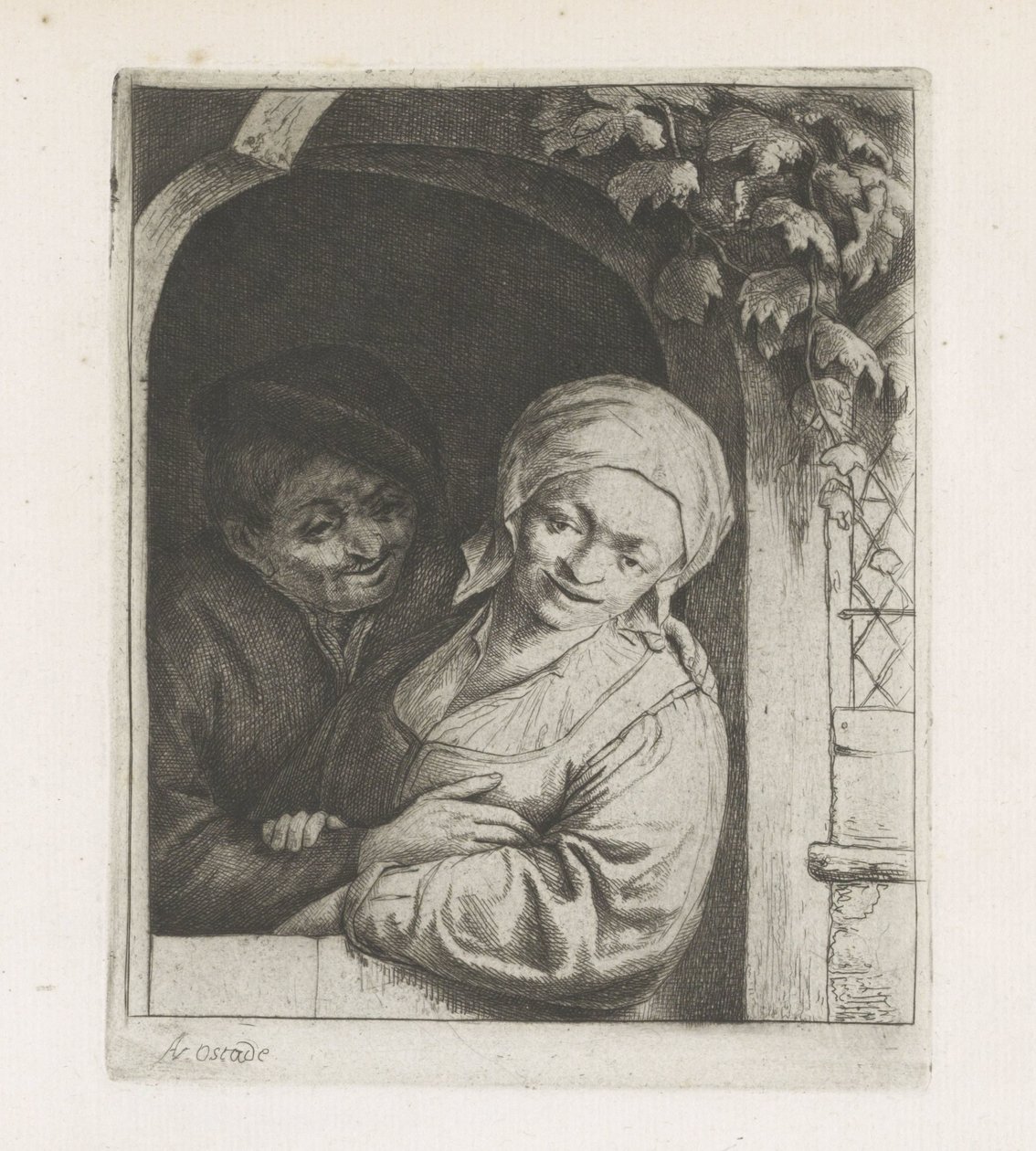 Agricultor e esposa do agricultor como um casal de amor na porta de Adriaen van Ostade