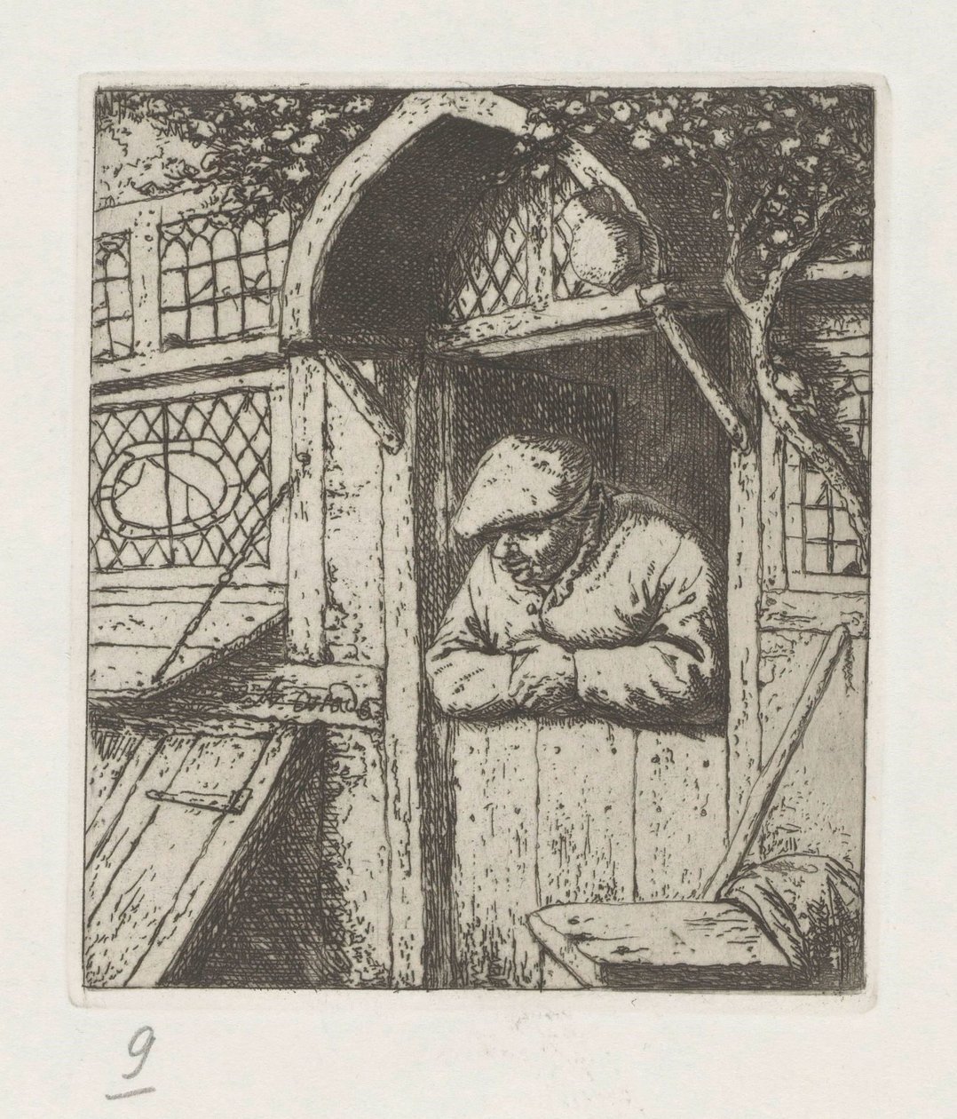 Agricultor encostado na porta inferior de Adriaen van Ostade
