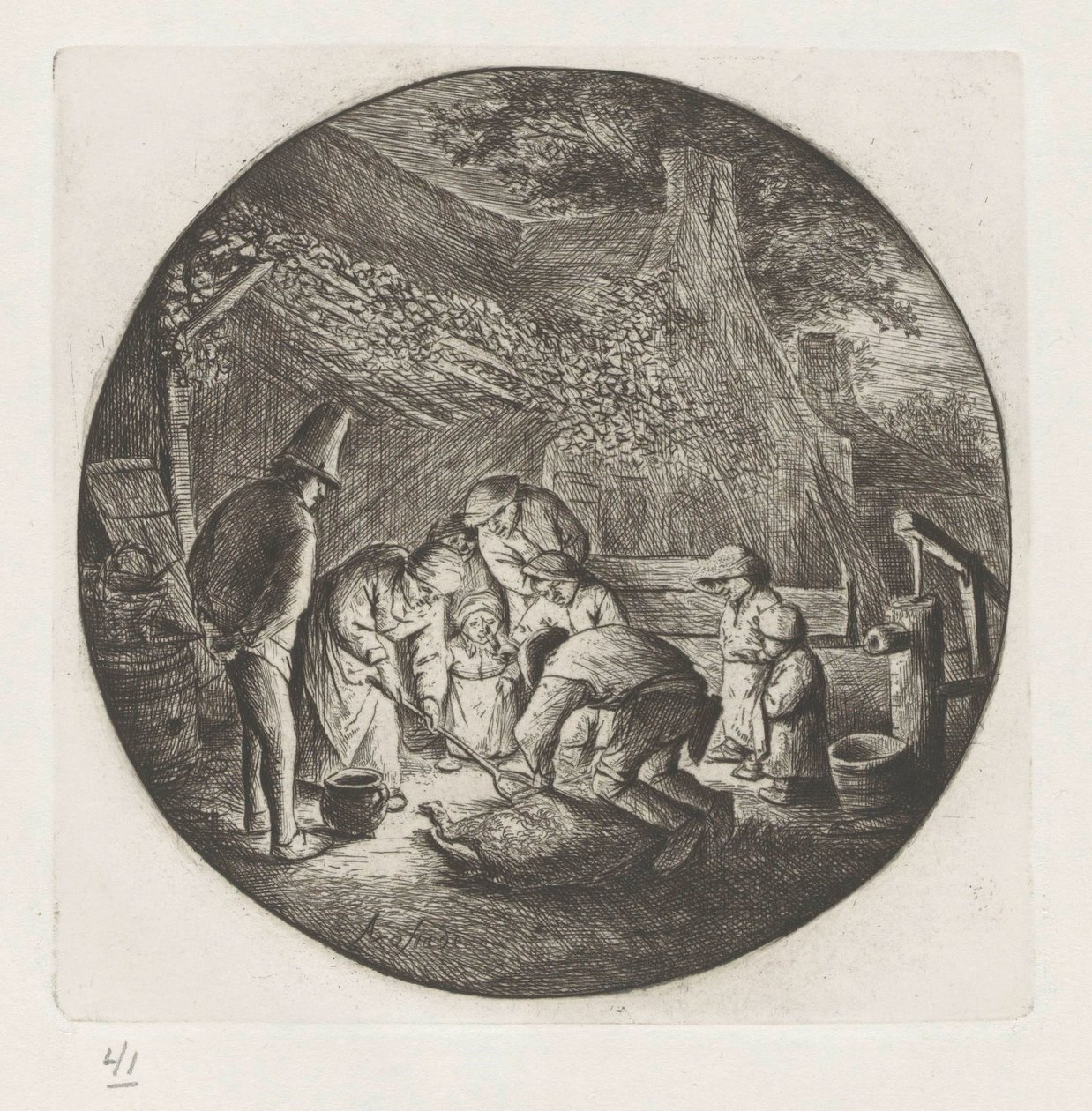 A família do agricultor no abate de um porco de Adriaen van Ostade