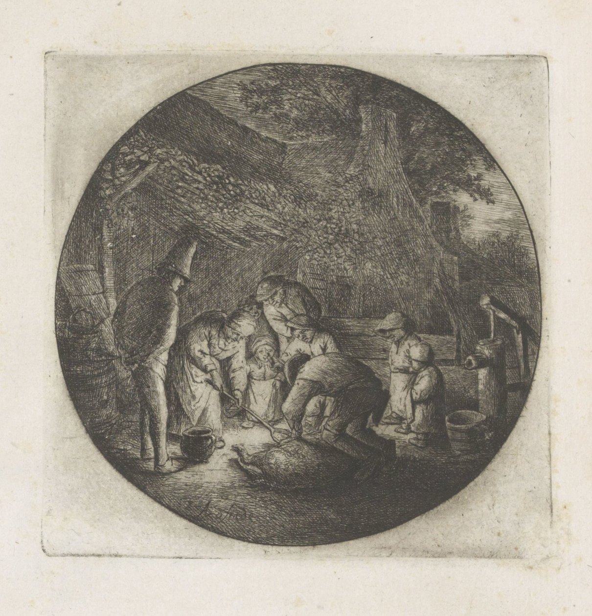A família do agricultor no abate de um porco de Adriaen van Ostade