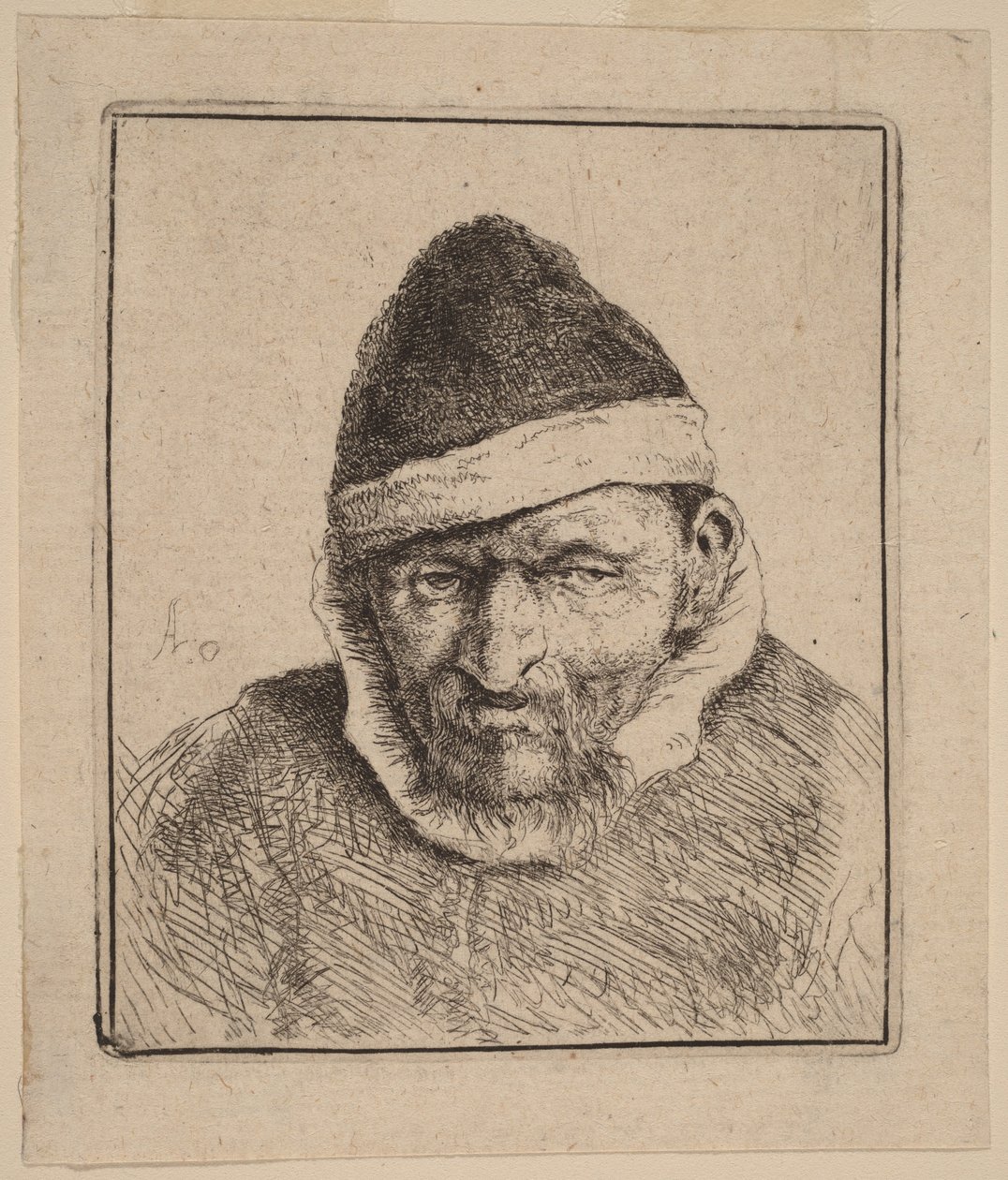 Busto de um camponês com um gorro de pele pontiagudo de Adriaen van Ostade