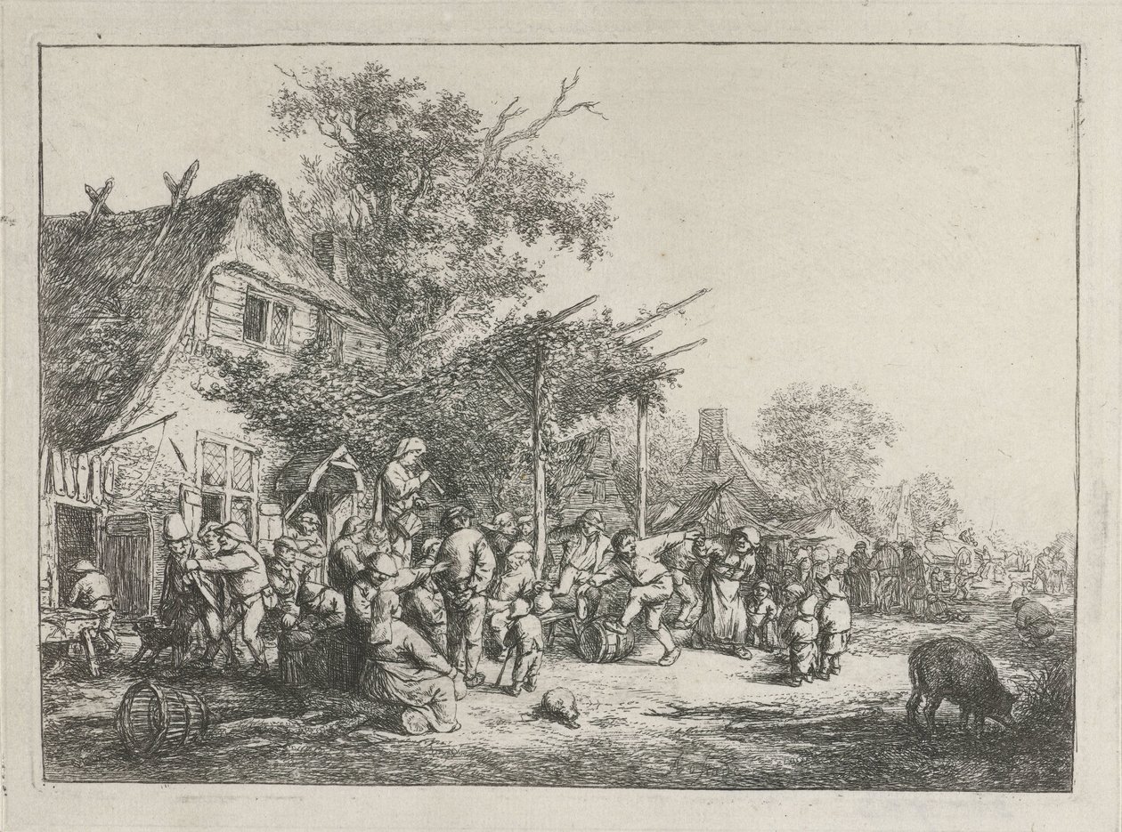 Camponeses dançando na frente de uma pousada de Adriaen van Ostade