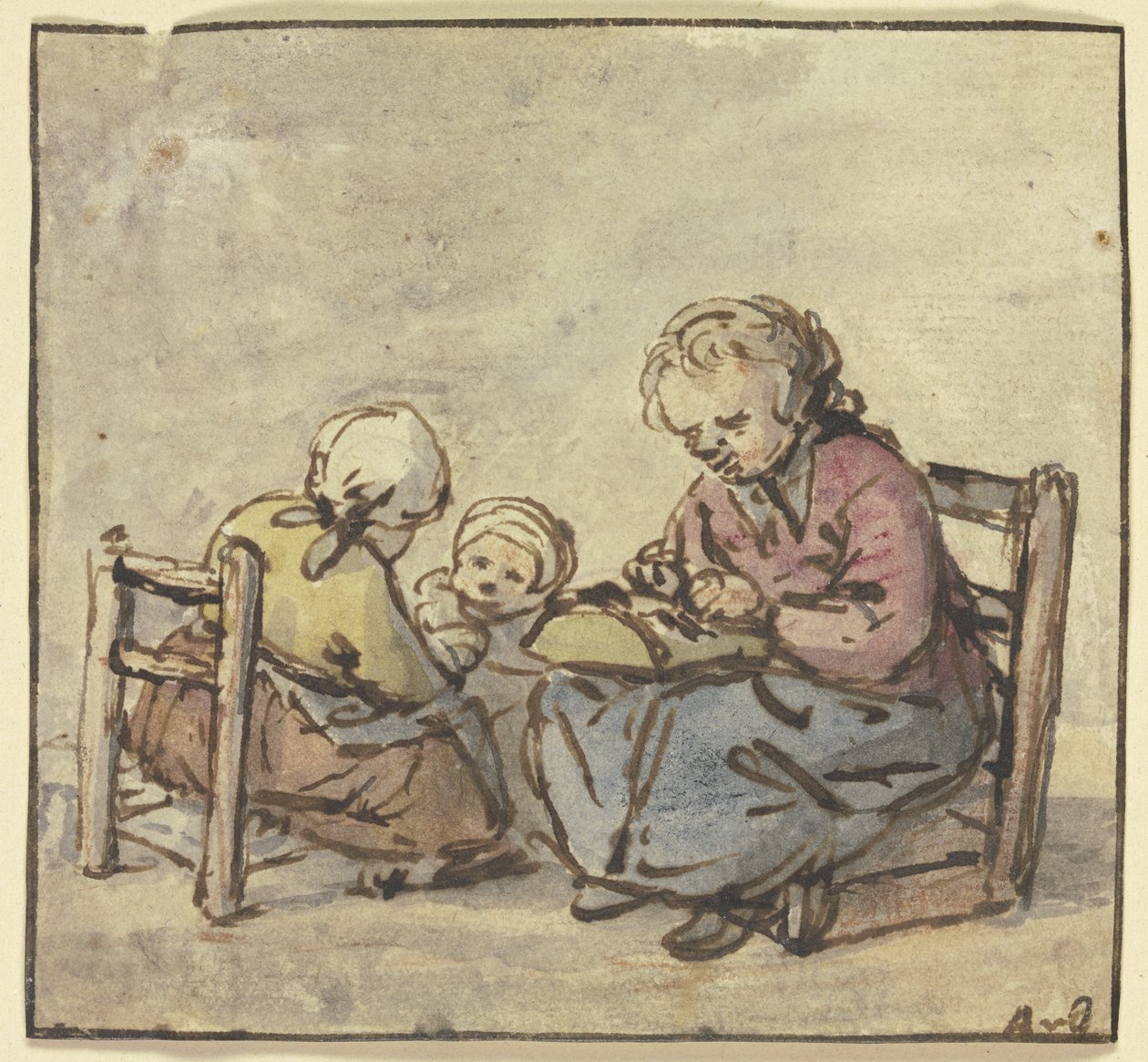 Três raparigas, a mais velha a fazer renda de bilros de Adriaen van Ostade