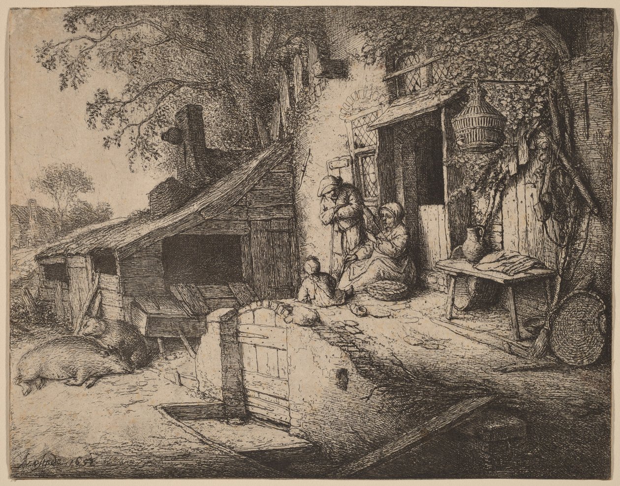 Quinta com uma família camponesa à porta de entrada, a mulher fia de Adriaen van Ostade