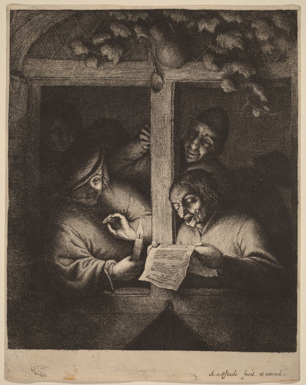 Quatro homens junto a uma janela, um deles a ler um folheto à luz de uma vela de Adriaen van Ostade