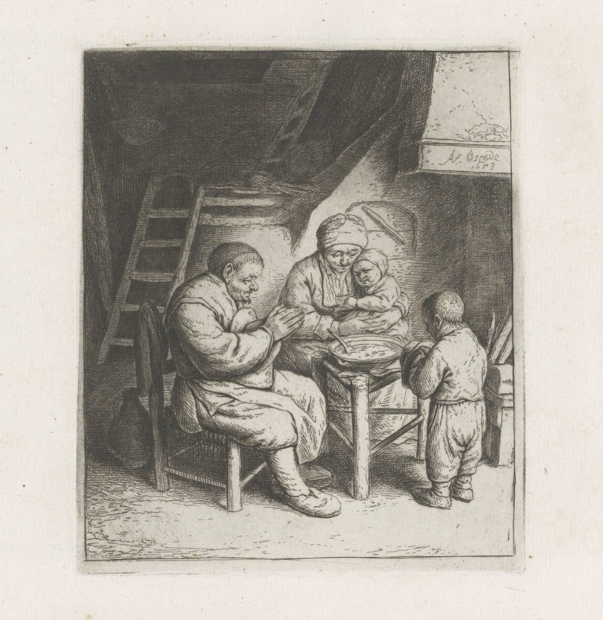 A família reza antes das refeições de Adriaen van Ostade