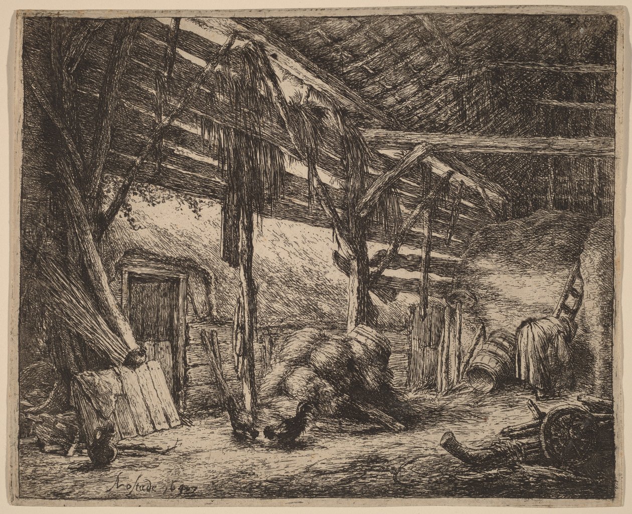 Interior de um celeiro com uma camponesa a trabalhar de Adriaen van Ostade