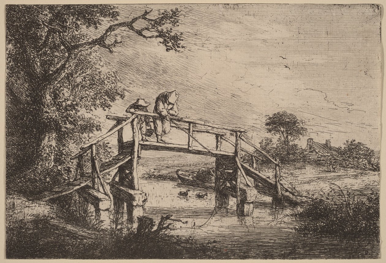 Paisagem com uma ponte e dois pescadores de Adriaen van Ostade
