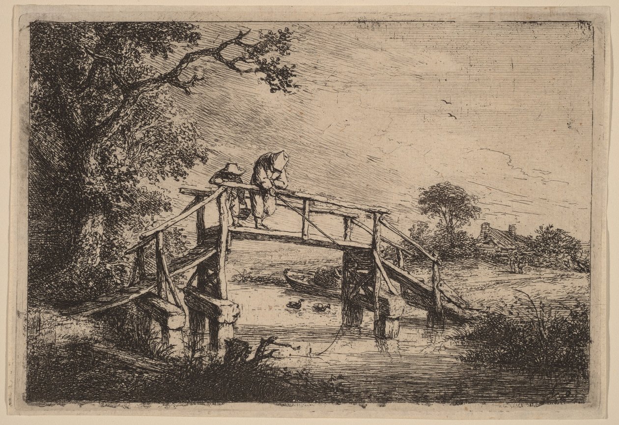 Paisagem com uma ponte e dois pescadores de Adriaen van Ostade