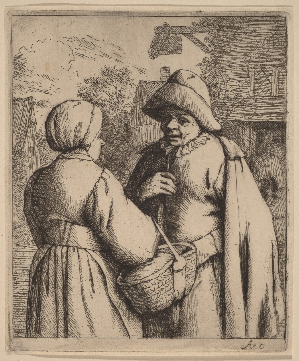 Homem e mulher em conversa diante de uma estalagem de Adriaen van Ostade