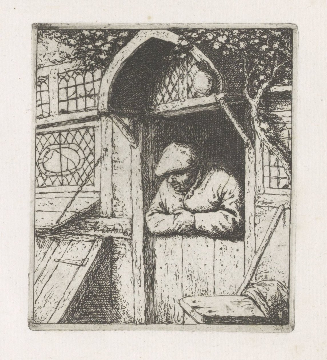 O homem se inclina em uma porta inferior de Adriaen van Ostade