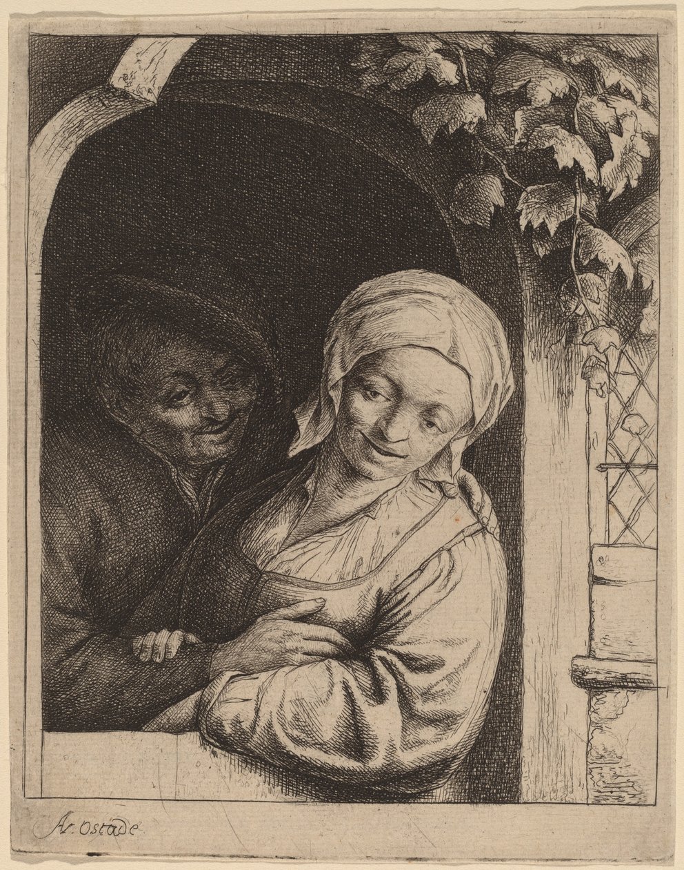 Casal Camponês em uma Porta (Village Romance) de Adriaen van Ostade