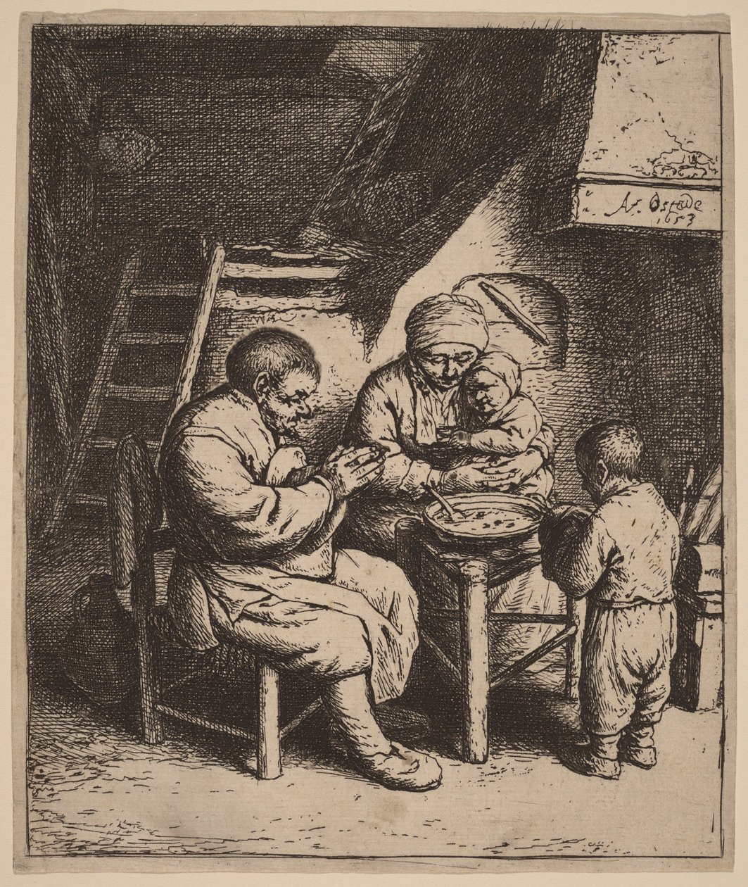 Família camponesa a rezar antes da refeição de Adriaen van Ostade