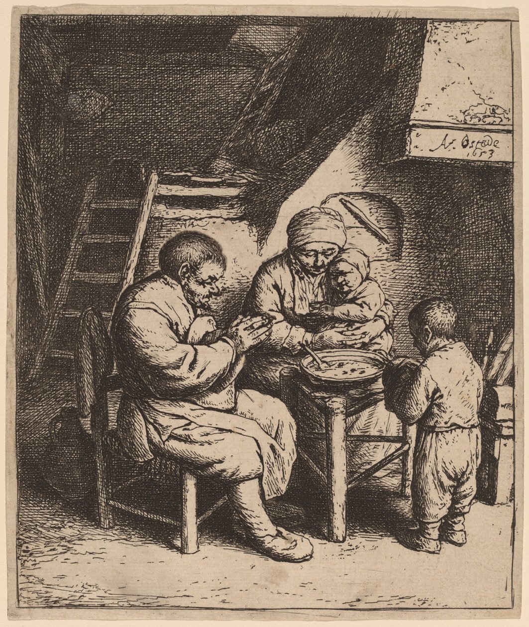 Família camponesa dizendo graça de Adriaen van Ostade