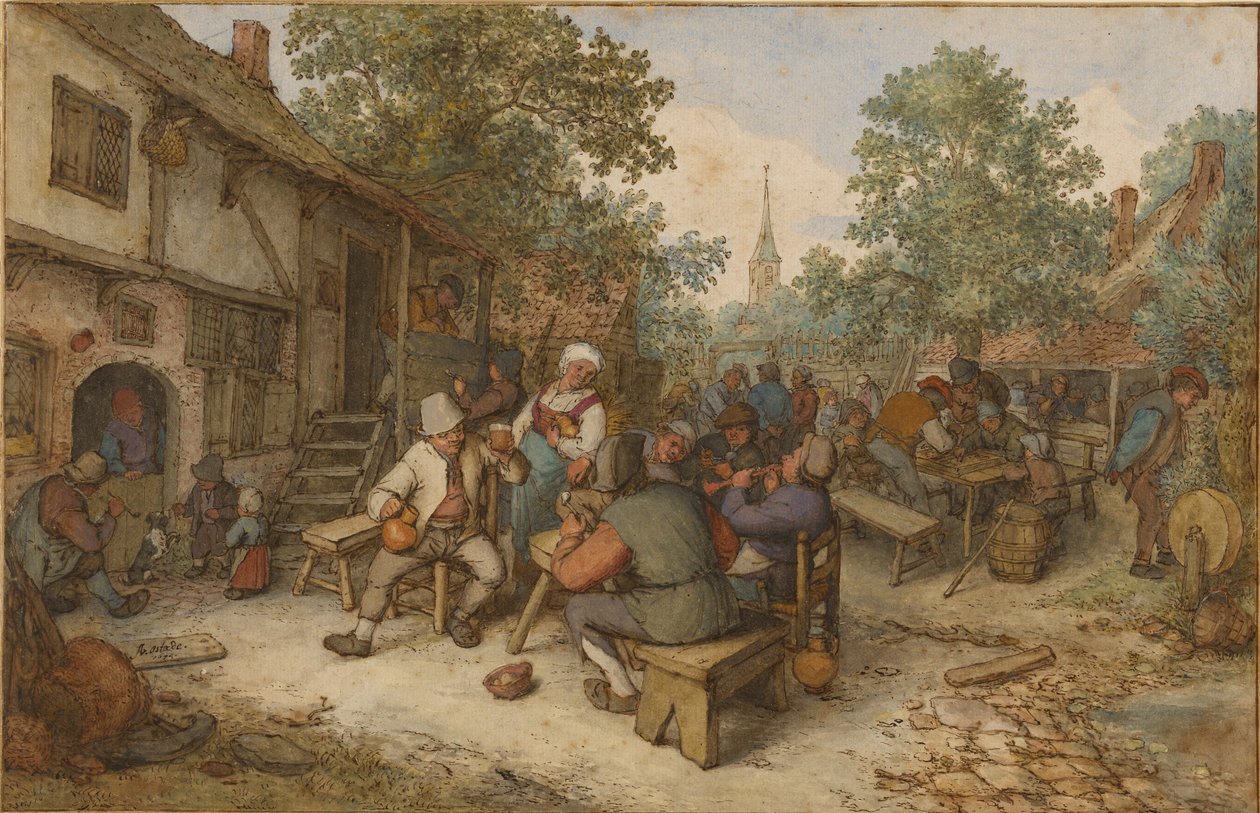Festa dos camponeses numa rua da cidade de Adriaen van Ostade