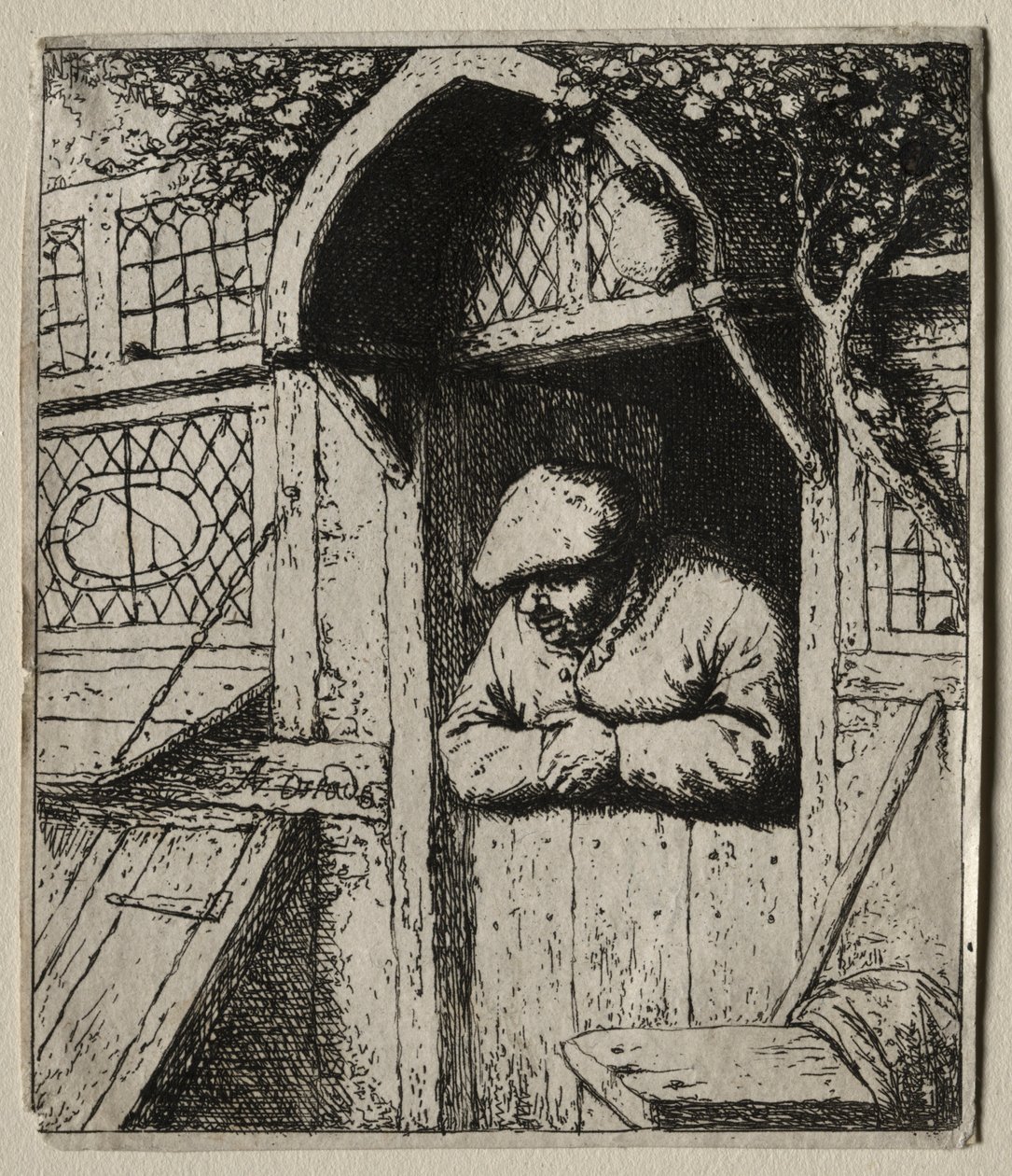 Camponês encostado à porta de Adriaen van Ostade