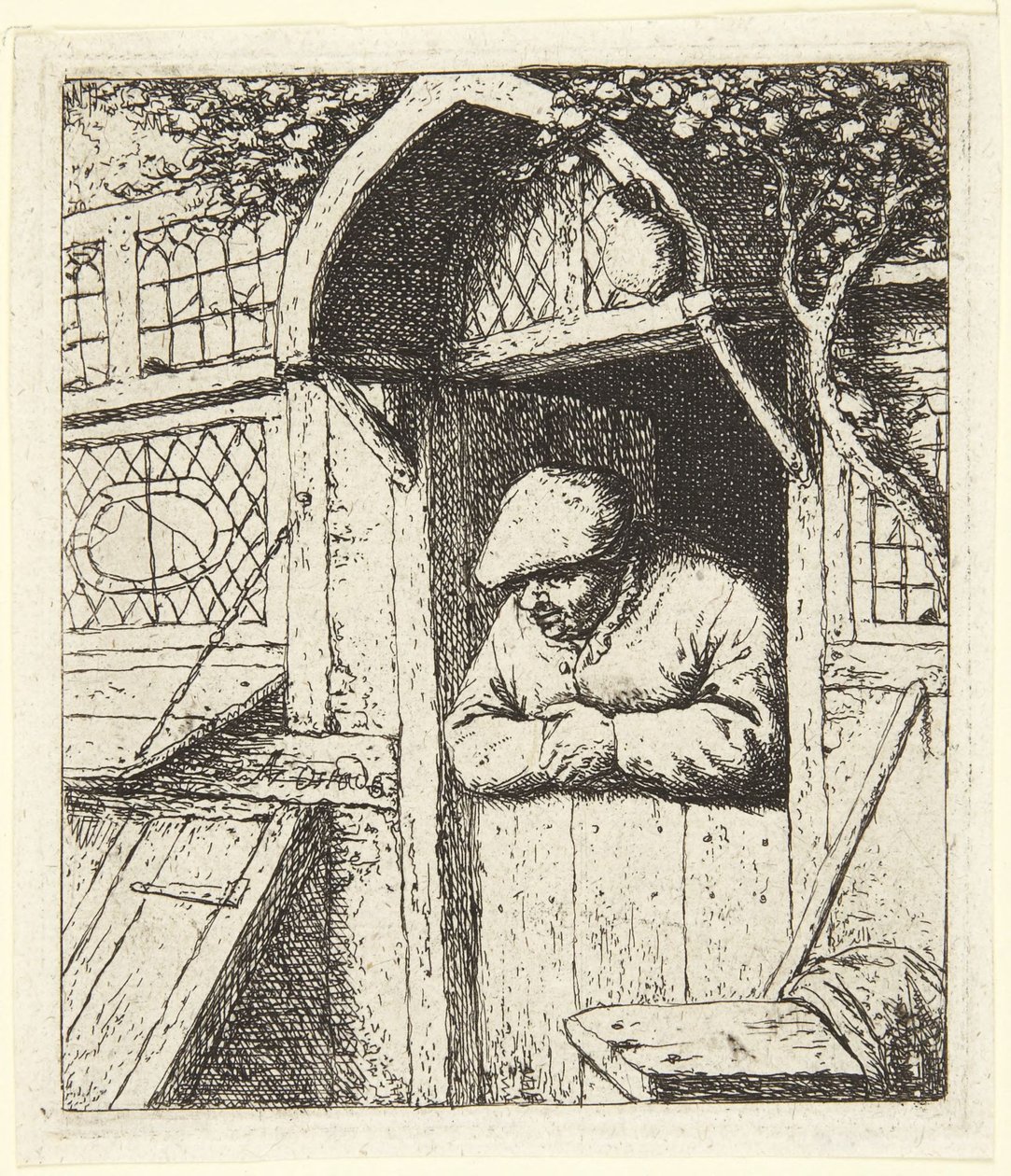 Camponês encostado à entrada da sua casa de Adriaen van Ostade