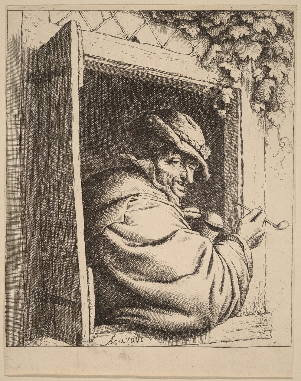 Camponês à janela, segurando um cachimbo e um jarro de Adriaen van Ostade