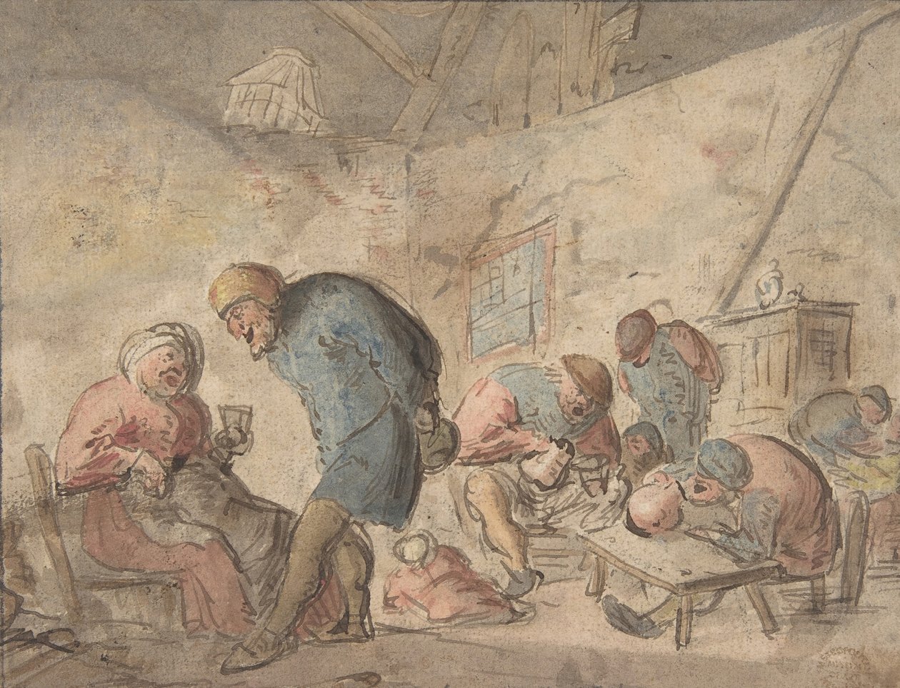 Bebendo Camponeses, verso: esboços de camponeses, 1610-85. de Adriaen van Ostade.