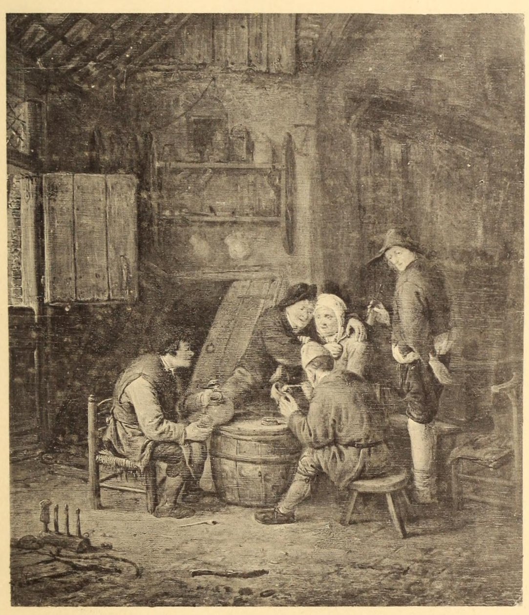 Camponeses à volta de um barril numa estalagem de Adriaen van Ostade