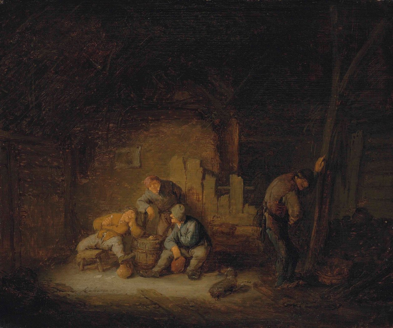 Camponeses sentados e a beber num celeiro com um cão de Adriaen van Ostade