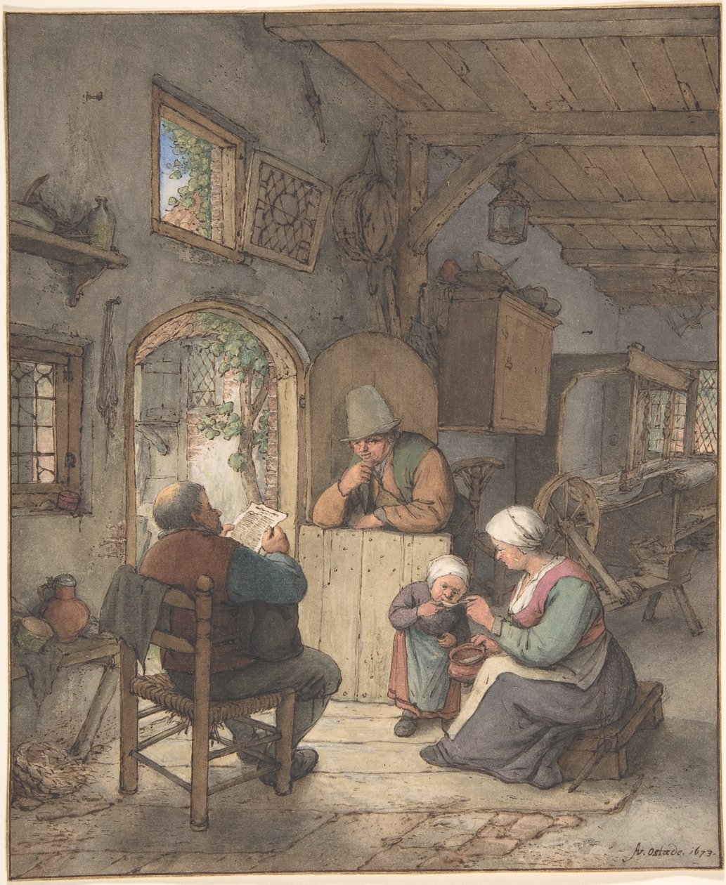 Leitura das notícias na casa dos tecelões de Adriaen van Ostade