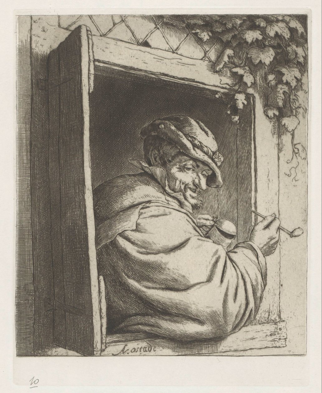 Agricultor fumador na abertura de uma janela de Adriaen van Ostade