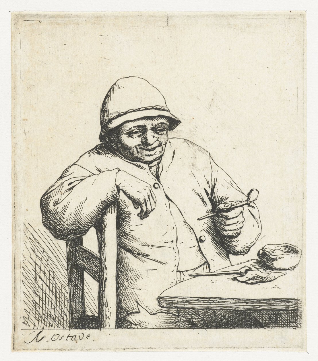 Agricultor fumante com o braço sobre uma cadeira O fumante sorridente de Adriaen van Ostade
