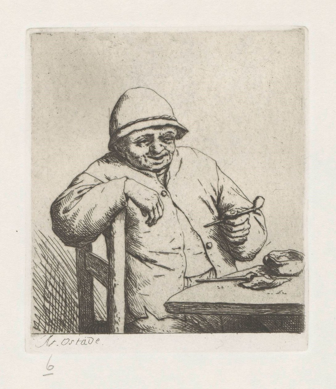 Agricultor fumador com braço sobre um carril de cadeira de Adriaen van Ostade