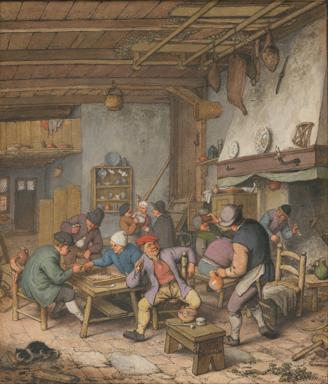 Quarto numa estalagem com camponeses a beber, a fumar e a jogar Backgam, 1678 de Adriaen van Ostade