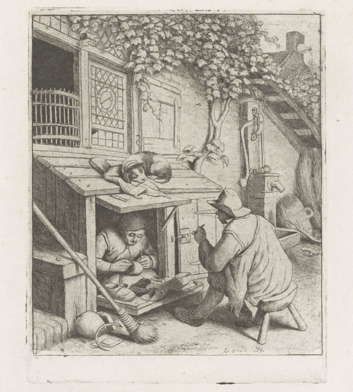 Sapateiro num atelier em frente da sua casa de Adriaen van Ostade