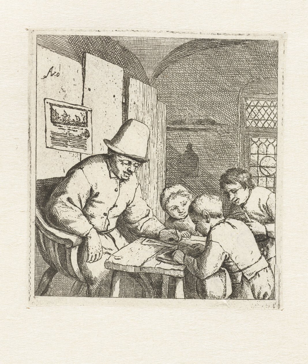 Schoolmaster com três estudantes na mesa A escola de Adriaen van Ostade