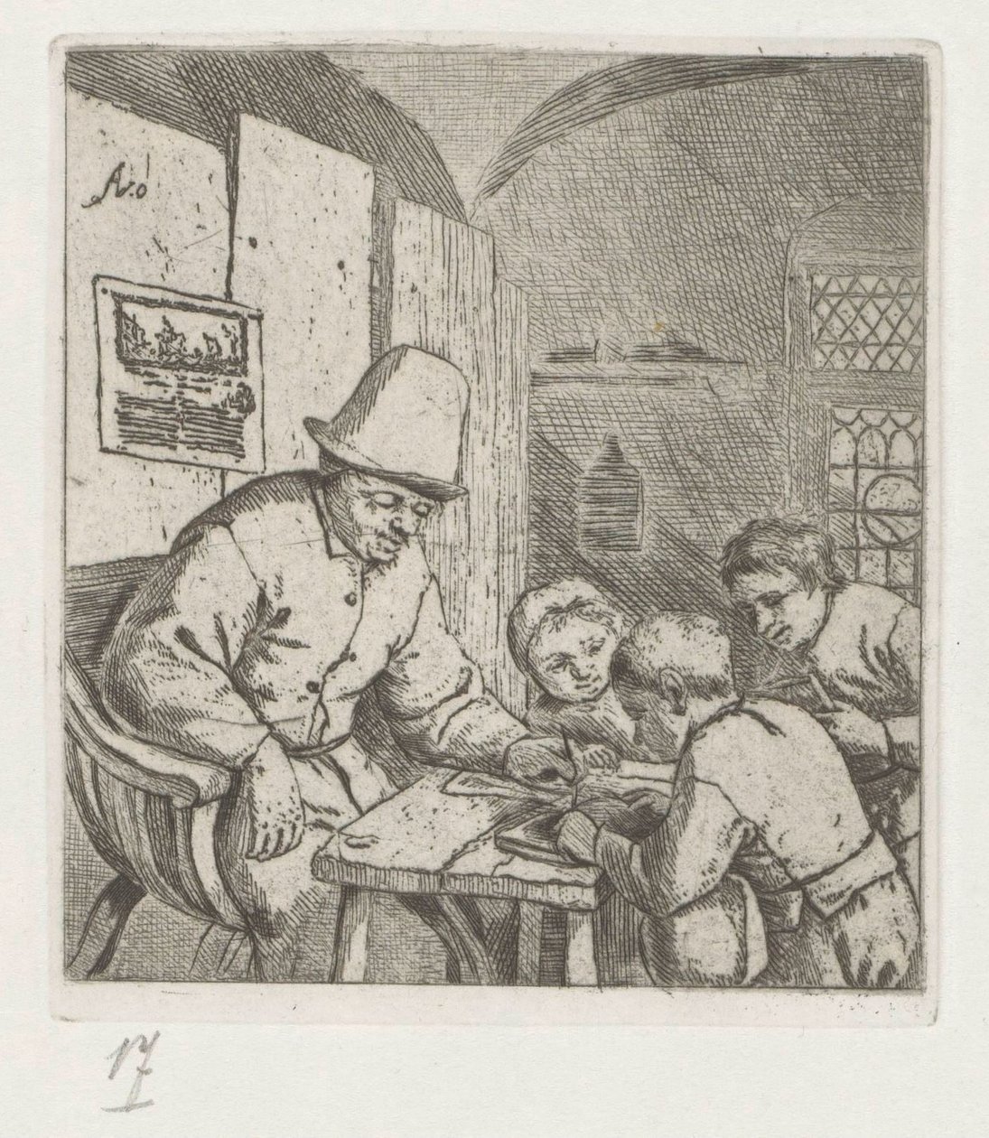 Professor escolar com três alunos à mesa de Adriaen van Ostade