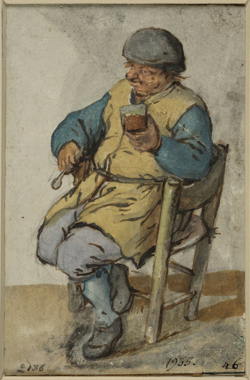 Camponês sentado, segurando um copo de cerveja de Adriaen van Ostade