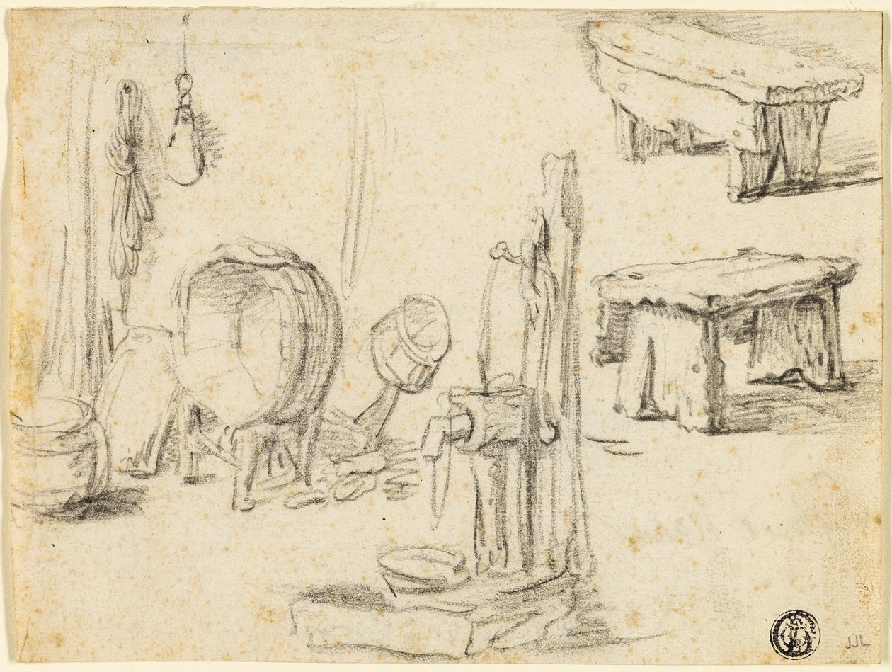 Esboços da bomba, da banheira e dos bancos de Adriaen van Ostade
