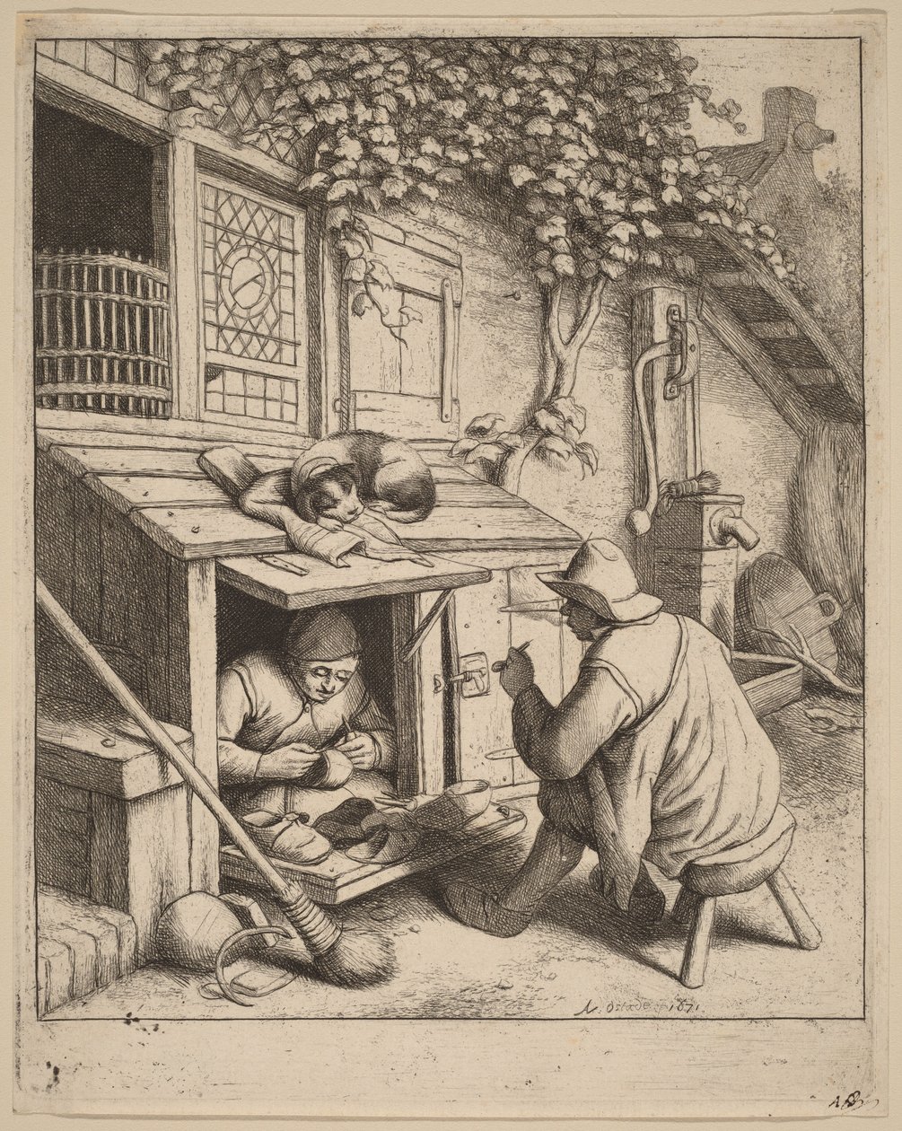 Um fumador sentado num banco a conversar com um sapateiro a trabalhar de Adriaen van Ostade