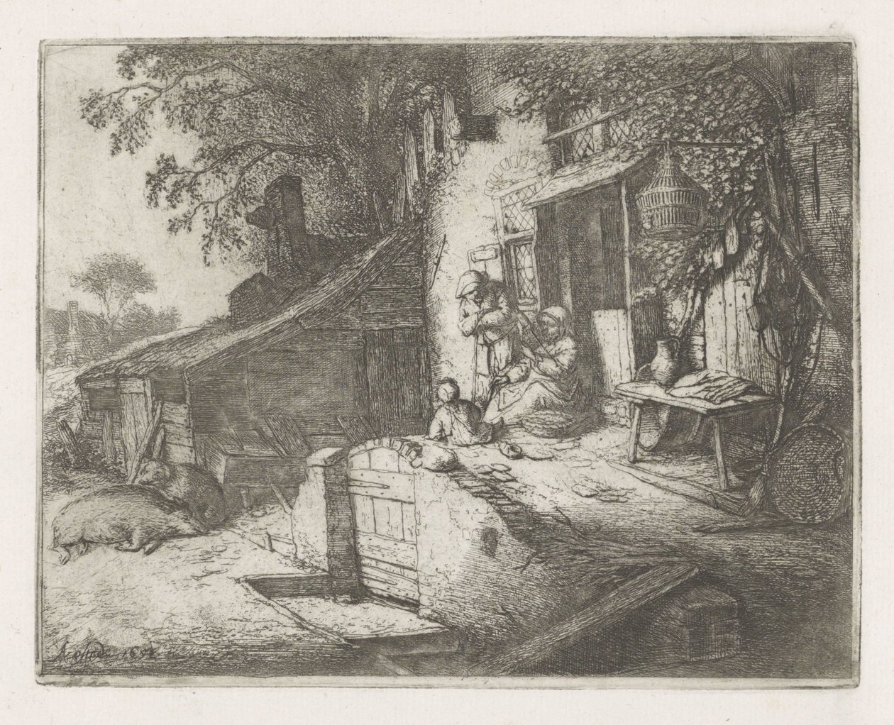 Mulher girando na frente de uma casa de Adriaen van Ostade