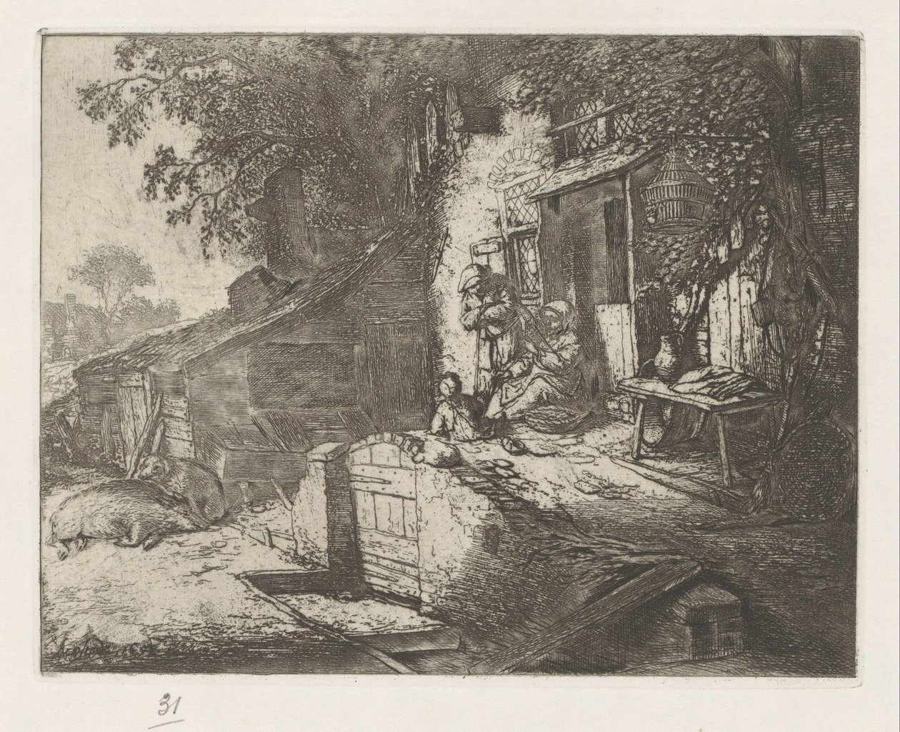 Mulher que gira em frente de uma casa de Adriaen van Ostade