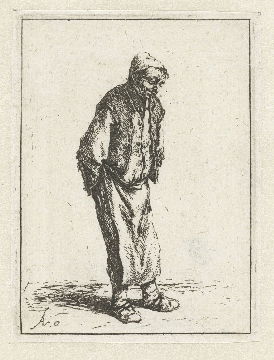 Agricultor em pé com as mãos atrás das costas O mendigo com as mãos atrás das costas de Adriaen van Ostade