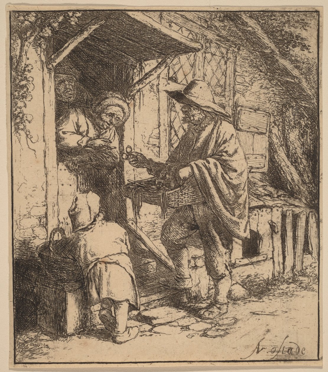 Vendedor ambulante a vender óculos à porta de Adriaen van Ostade